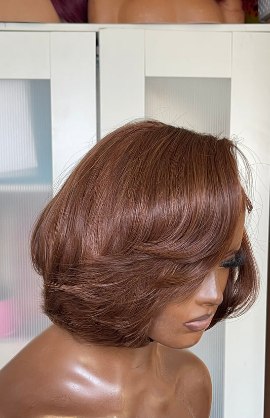 10” feathered brown glueless bob unit