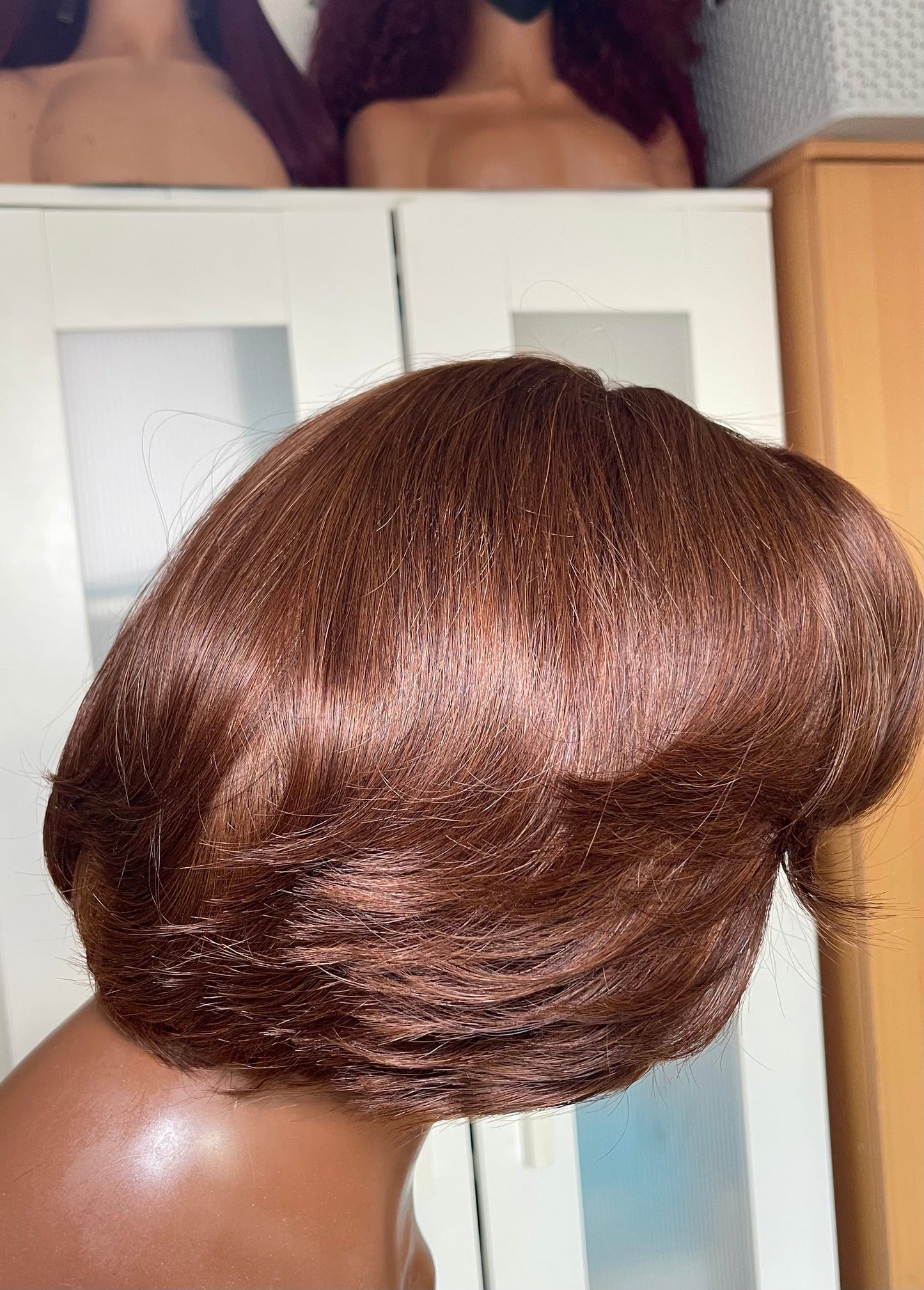10” feathered brown glueless bob unit